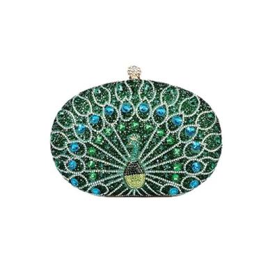 Imagem de Bolsa clutch de strass brilhante, bolsa de mão de pavão de cristal diamante bolsa de noite clutch dourada, Verde