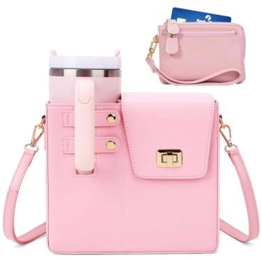 Imagem de Stanley Bolsa com suporte de copo com alça de ombro ajustável, bolsa de ombro feminina, copo Stanley portátil ao ar livre 1,134 g, rosa, Medium