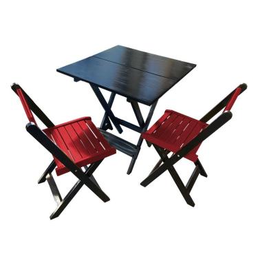 Imagem de Mesa De Madeira Dobrável Preto 70x70 Com 2 Cadeiras Dobráveis Vermelho - Vermelho