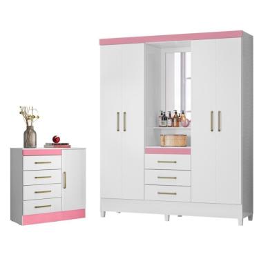 Imagem de Conjunto Quarto Guarda Roupa E Comoda Arezzo Branco Rosa