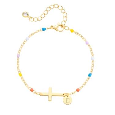 Imagem de Pulseira de cruz para mulheres delicadas coloridas com contas iniciais para mulheres adolescentes modernas ouro cristão batismo religioso joias presentes cesta de Páscoa, Small, Latão, Sem Pedra
