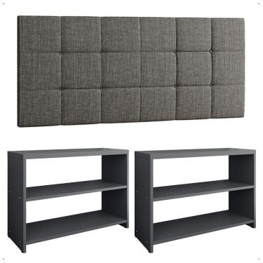 Imagem de Kit Sapateira Compacta Assento Banquinho Quarto Cinza Cabeceira Cama Box King Size 1,95 Linho - Lojas RPM