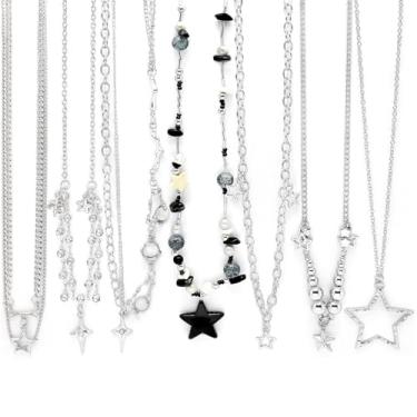 Imagem de RechicGu Conjunto de 7 peças de colar de estrela Y2K para mulheres e homens pacote de joias emo grunge gótico punk acessórios strass estrela luar pingente de pedra Y2K colares irregulares para