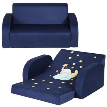 Imagem de MOMCAYWEX Sofá infantil dobrável dobrável extra largo 3 em 1, sofá infantil com estampa de elefante, espreguiçadeira confortável para dormir na soneca, tecido de veludo, azul marinho