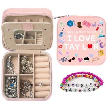 Imagem de GLOONITY Caixa de joias como presentes de Natal para adolescentes, mercadoria Taylor, estojo de joias pequeno com espelho e 2 peças de pulseiras para fãs, caixa de joias Taylor Merch como presente de