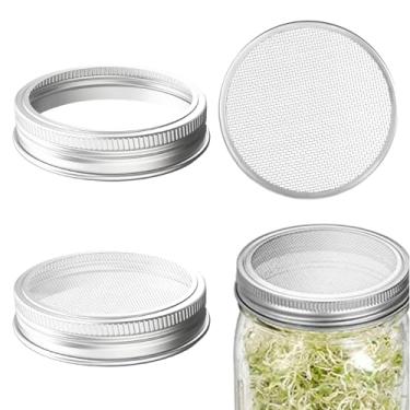 Imagem de Pacote com 2 tampas de germinação de aço inoxidável, tampa de filtro de frasco de vidro de boca larga, tampas de pote de 86 mm com furos para frascos de pedreiro de boca larga para cultivo de grãos de
