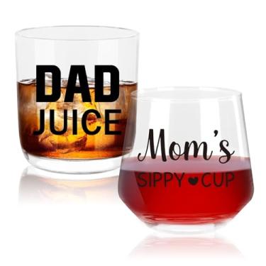 Imagem de Ithmahco Presentes de Natal para pais, Mamãe SIPPY CUP DAD JUICE Conjunto de copos de vinho e uísque, presentes de mãe e pai para novos pais, presente para novos pais para casais, presente de copos de