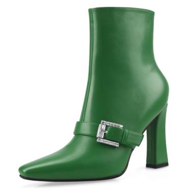 Imagem de Perisis Botas de cano curto, salto alto, grosso, preto, bico quadrado, fechado, curto, com zíper lateral, salto de 10 cm, padrão de crocodilo para mulheres e mulheres sexy, Poliuretano verde, 39 BR