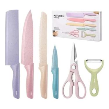 Imagem de Jogo de Facas Coloridas, Kit Culinário 6 Peças, Aço Inoxidável, Tesoura Multifuncional, Descascador, Faca de Chef, Cutelo, Faca de Pão, Faca de Corte, Cabos Ergonômicos, Cozinha Gourmet