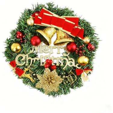 Imagem de Guirlanda de Natal de 28 cm, decorações de Natal para porta da frente com pinha artificial, cachos de frutas vermelhas, ramos verdes foscos, flores, para decoração de festa de feliz Natal ao ar livre