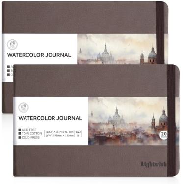 Imagem de Lightwish Caderno de aquarela, pacote com 2, 40 folhas, 100% algodão, papel prensado a frio, caderno de desenho 19,3 cm x 13,5 cm, 63,5 kg/300gsm, sem ácido para aquarelas, guache, acrílicos