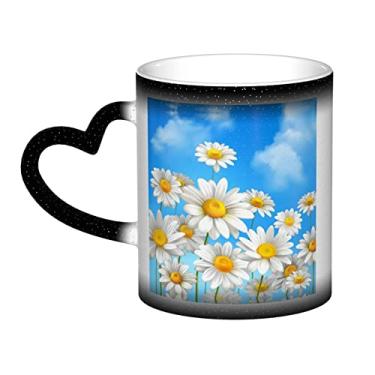 Imagem de Xícara de café divertida de flores de margarida da primavera, copo de cerâmica que muda de cor sensível ao calor 12 Oz, para café/chá/leite/cacau, para adolescente/aniversário/festival/presentes