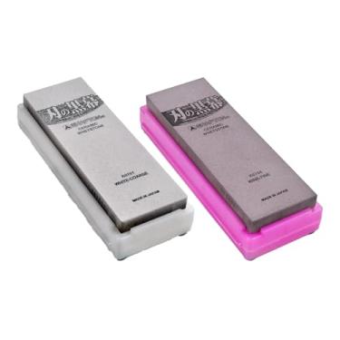 Imagem de SHAPTON Ha No Kuromaku Conjunto de duas pedras de amolar de cerâmica japonesa (branco (grosso nº 120) Enji (fino nº 5000))