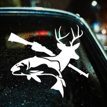 Imagem de Decalque de pesca de caça de veado – Adesivo de vinil branco de 17,8 x 18 cm para janela de carro, caminhão, laptop, porta de vidro – Decalque de esportista externo removível à prova d'água com design