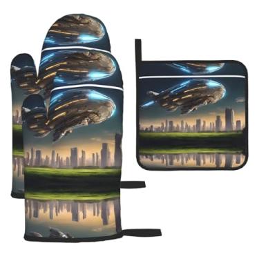 Imagem de UFO at Night – Conjunto de cozinha essencial com 3 peças, luvas seguras para calor, proteção para churrasco no forno, design de armazenamento suspenso.