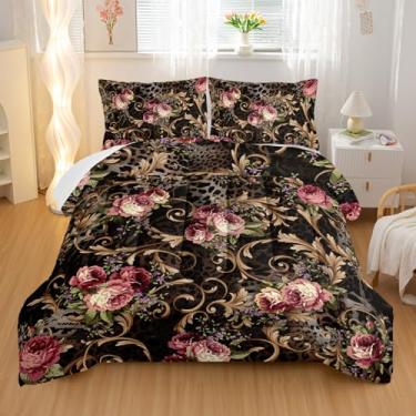 Imagem de Nttopship Conjunto de edredom floral preto boêmio, tamanho king, 3 peças, para crianças, adolescentes, adultos, retrô, decoração de quarto, microfibra ultramacia e leve, 1 edredom com 2 fronhas