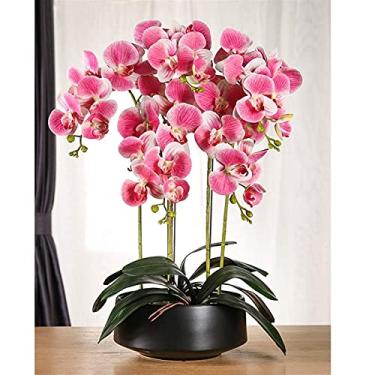 Imagem de LMJYU Flores artificiais de orquídea em vaso bonsai Phalaenopsis plantas falsas centros de mesa para decoração de arranjos