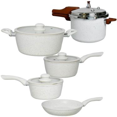 Imagem de Jogo de Panelas e Panela de Pressão Antiaderente Indução Revestimento Cerâmica Viena Areia 5 Peças - Rio Home VIsta Home