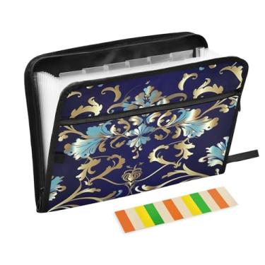 Imagem de Wassud Organizador de arquivos sanfonado com padrão dourado azul com 13 bolsos, pastas de arquivos expansíveis com abas e adesivos, tamanho carta A4, organizador de pastas de documentos de recibo de