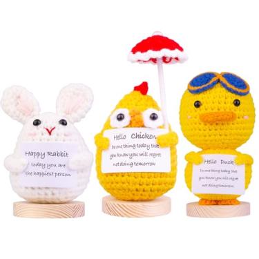 Imagem de CoFuBcad 3PCS Handmade Emotional Support Cucumber Gifts, Cute Knitted Cucumber Dolls Car Decorations with Wooden Base, Front Card Decoration for Birthday Gift Home Decoration(A6)