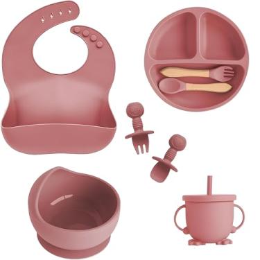 Imagem de Kit Introdução Alimentar Bebe 8 Peças Silicone Iniciação Para Alimentos Livre de BPA Atóxico Antibacteriano Seguro Sem Pontas Colher, Garfo, Copinho, Pote e Pratinho - Rosé