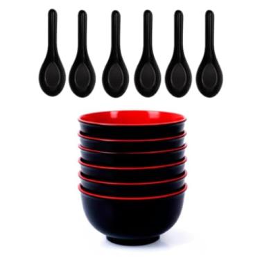 Imagem de Kit 12 Tigelas de Melamina com Colher - Bowl Oriental 1L para Restaurante Japonês (Não Inclui Organizador de Talheres)(6 Tigelas + 6 Colher)