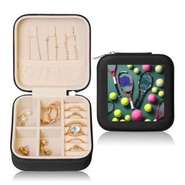 Imagem de Raquetes de tênis engraçadas e bolas de tênis, caixa de joias quadrada, estojo de armazenamento portátil para anéis femininos, brincos, colares
