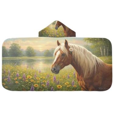 Imagem de Burbuja Toalha de banho com capuz paisagem com cavalo para crianças, toalha de praia de pelúcia macia absorvente para chá de meninas e meninos 3-10 anos, 61 x 127 cm