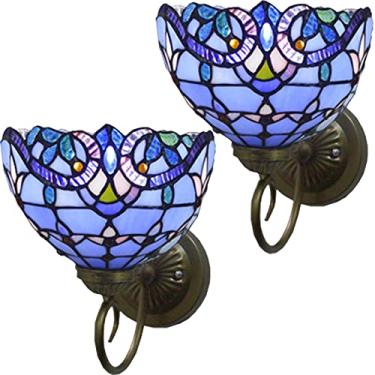 Imagem de Tiffany Candeeiro de parede arandela conjunto de dois, lâmpada de parede Amout, 20 cm feito à mão, sombra de vitral barroco, luzes de parede LED para quarto, sala de estar, corredor, cozinha, azul, 2