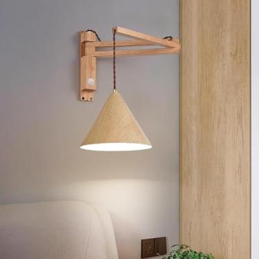 Imagem de Luminária de parede ajustável com braço giratório de madeira e interruptor, estilo retrô, para uso interno. Ideal para leitura em ambientes internos e como luminária de cabeceira. Tomada E27