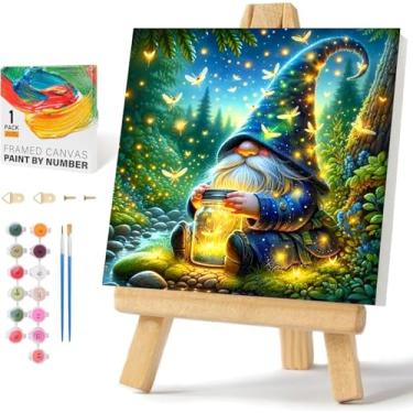 Imagem de igoodom Kit de pintura por números para adultos com moldura e cavalete, pintura acrílica DIY de 25 x 25 cm em tela com caixa, conjunto de tinta de gnomo por números para decoração de parede de casa