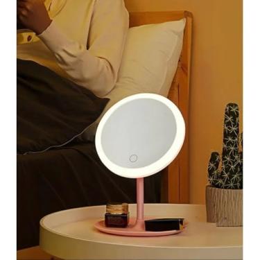 Imagem de Espelho de Maquiagem com LED, USB, Iluminação Dupla Fria e Quente, Portátil, 18cm Diâmetro, Branco e Rosa, para Aplicação de Make