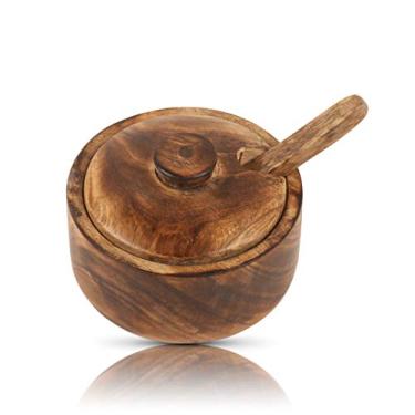 Imagem de Açucareiro decorativo de madeira rústica e colher com tampa pote de doces de boca larga suporte de pote de temperos nozes tigela de servir sal especiarias erva folha solta recipiente de armazenamento