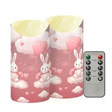 Imagem de Wassud Pacote com 2 coelhinhos fofos com balão, velas sem chama com controle remoto, velas realistas cintilantes com temporizador, velas decorativas para Natal, casamento, festa, decoração de casa