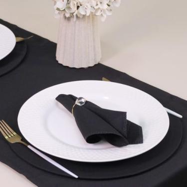 Imagem de Kit Mesa Posta 14 Peça Preto com Anéis Cristalinos Dourados: 2 Caminhos 130x40cm, 4 Sousplats e Capa 35cm, 4 Guardanapos 35x35cm, Tecido Oxford Poliéster