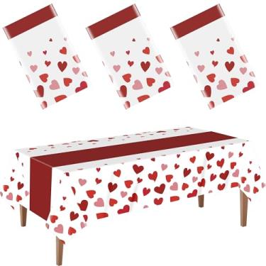 Imagem de BCCSNNM 3 peças de toalha de mesa de dia dos namorados vermelho amor coração toalha de mesa retangular descartável capas de mesa de plástico para cozinha, jantar, piquenique, casamento, festa