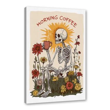 Imagem de Pôster vintage esqueleto manhã café engraçado caveira café arte de parede esqueleto gótico beber café arte para decoração de bar cozinha (SKU2,40.6x60 cm), emoldurado (tela embalada))