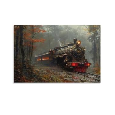 Imagem de Trem a vapor vintage cruz floresta de bordo, paisagem de outono natureza decoração de parede arte em tela pôster de arte e arte de parede impressão de imagem moderna decoração de quarto de família