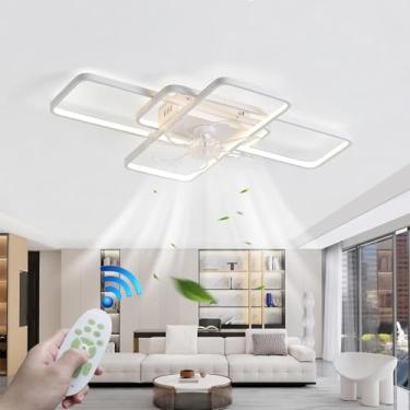 Imagem de Luminária de teto LED com ventilador, controle remoto e aplicativo, ventilador de teto silencioso de 80 W com iluminação regulável, design geométrico criativo, temporizador e função de ilumi