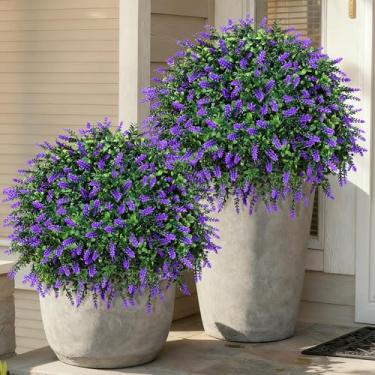 Imagem de HyeFlora Pacote com 2 árvores de buxo de topiária artificial com plantas falsas de lavanda para arbustos artificiais internos ao ar livre com ponta de solo, arbustos falsos resistentes a UV para