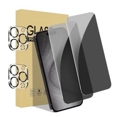 Imagem de Pacote com 2 protetores de tela de privacidade para iPhone 15 Pro Max [6,7 polegadas] + 2 protetores de lente de câmera com moldura de instalação, compatível com ilha dinâmica, vidro temperado