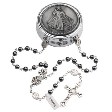 Imagem de HanlinCC Colar de rosário católico com pérolas e hematita de vidro Divine Mercy com caixa de presente de aço para homens e mulheres, 53cm length, Zinco, Sem Pedra Preciosa