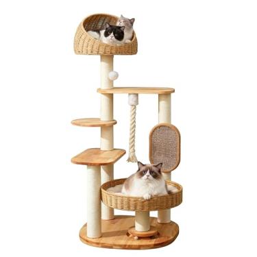 Imagem de JLDUQKUM Árvore de madeira para gatos grandes, torre alta para gatos com poste arranhador para gatos internos, condomínio de vários níveis com cama de gato tecida à mão e tábua de arranhar, fácil de