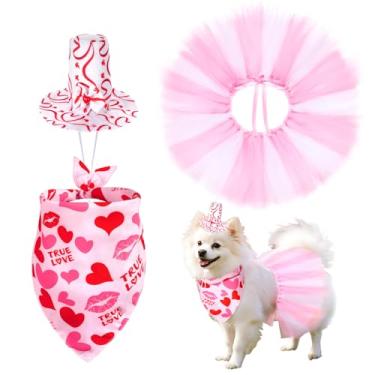 Imagem de 3 peças de fantasia de cachorro para o dia dos namorados – roupa rosa para animais de estimação com saia tutu, cachecol e chapéu, roupa de cachorro fofo para animais de estimação