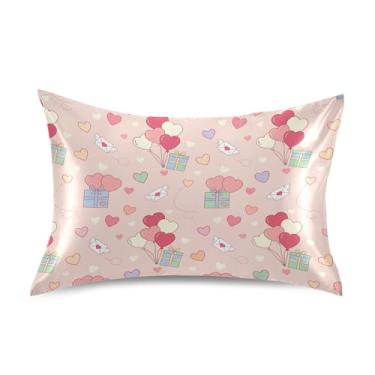 Imagem de Wassud Fronhas de cetim para o dia dos namorados com balões de coração para cabelo e pele, capas de almofada de seda lisa, tamanho queen, respirável, com fecho de envelope