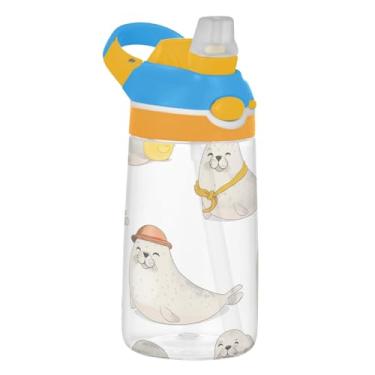 Imagem de Bege Cute Seals Garrafa de água infantil branca 473 ml Tritan garrafa de água de plástico à prova de vazamento com tampa de canudo 473 ml reutilizável para crianças copo de viagem portátil, alça de