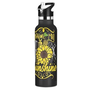 Imagem de Garrafas de água escolar de aço inoxidável para meninas, girassol, flor preta, 590 ml, livre de BPA, garrafas de água à prova de vazamento, copos infantis isolados com tampa de canudo