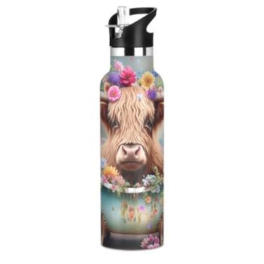 Imagem de Garrafa de água engraçada de vaca Highland com tampa de palha, garrafas de água isoladas de aço inoxidável para adolescentes e meninas, 590 ml, à prova de vazamento, livre de BPA, copos de viagem para