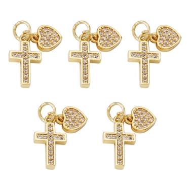 Imagem de FASHEWELRY 5 peças de pingentes de cruz de zircônia cúbica dourada cruz crucifixo dourada com pingente de coração cruz de cristal zircônia cúbica pingente pendente para fazer joias, colar, pulseira