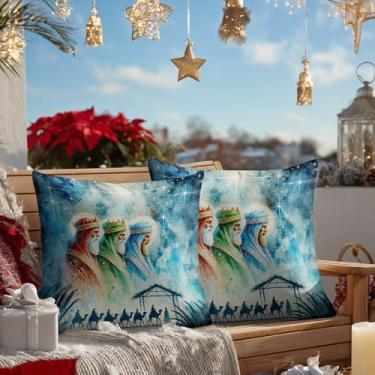 Imagem de HOMETITUTE Conjunto de 2 capas de almofada três reis 45,7 x 45,7 cm, decoração macia, três sábios, presépio estável, camelo, caravana, linho, quadrada, capas de almofada para sofá, sofá-cama